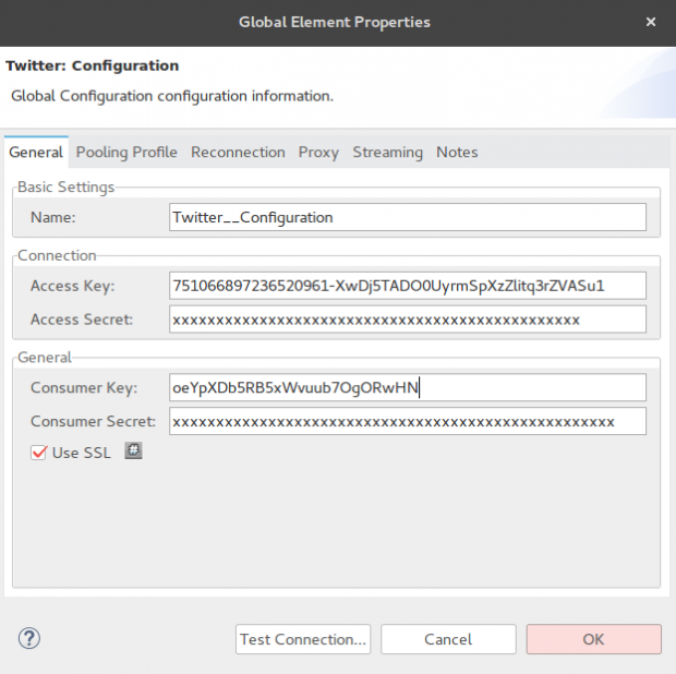 Anypoint studio, Twitter connection configuration