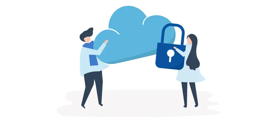 Characters of a couple and a cloud security illustration
