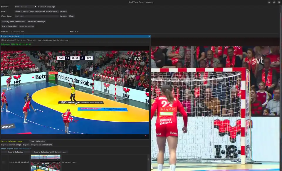 Real-time detection app identifying sponsor logos in a handball broadcast