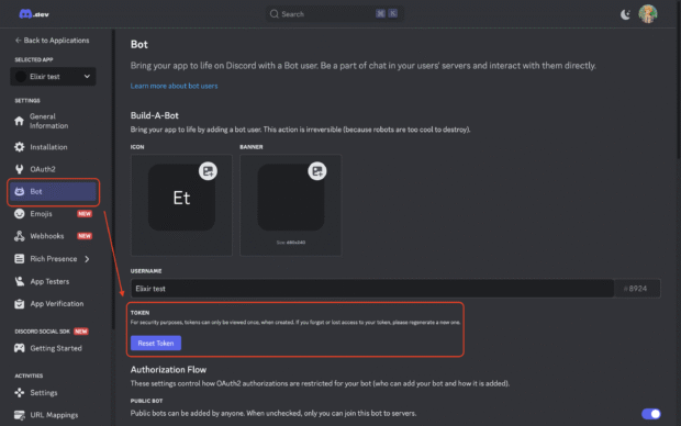 Screenshot of the Discord Developer Portal showing the “Bot” section for an application named “Elixir test.” The left sidebar highlights the “Bot” tab under “Settings.” A red box highlights the “Token” field area with a note stating that tokens can only be viewed once and a “Reset Token” button beneath it.
