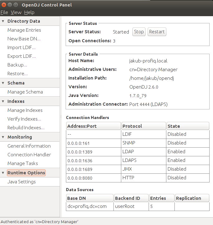 Initial page of OpenDJ control panel