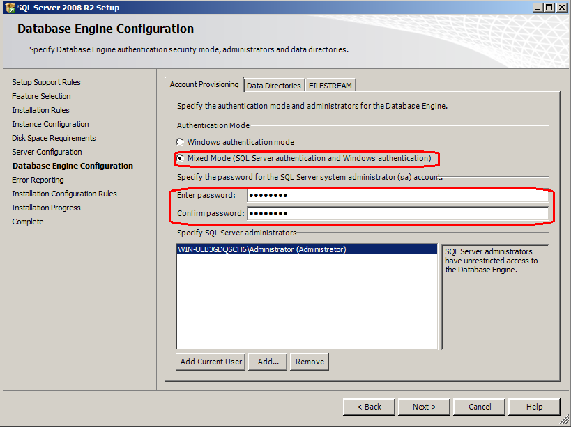 Password specified. MS SQL установка.