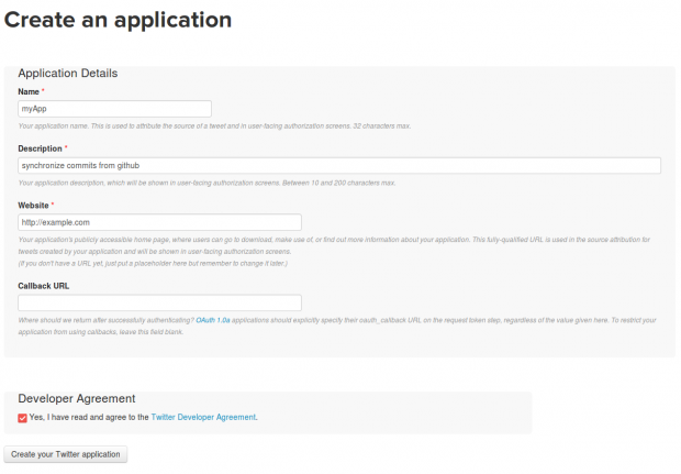 Twitter, create application