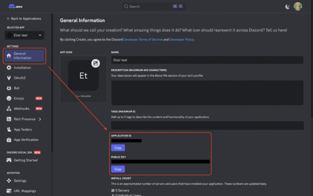 Screenshot of the Discord Developer Portal displaying the "General Information" section for an application named "Elixir test." The left sidebar highlights the "General Information" tab under the "Settings" category. In the main content area, details such as the app icon, name, description, and tags are shown. A red box emphasizes the "Application ID" and "Public Key" fields, each with a "Copy" button beside them.